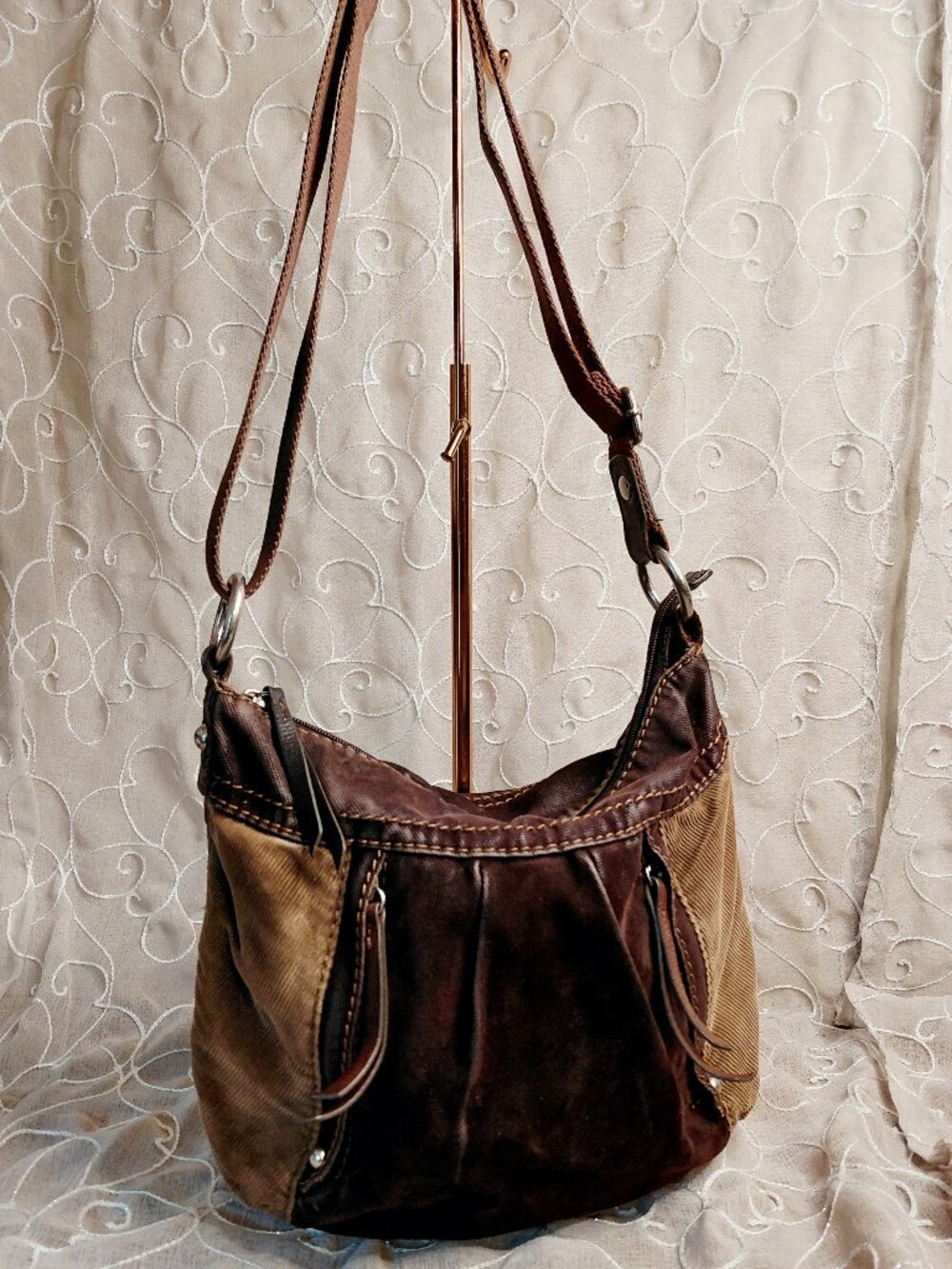 Vintage Fossil Brown Corduroy Canvas Crossbody Bag
